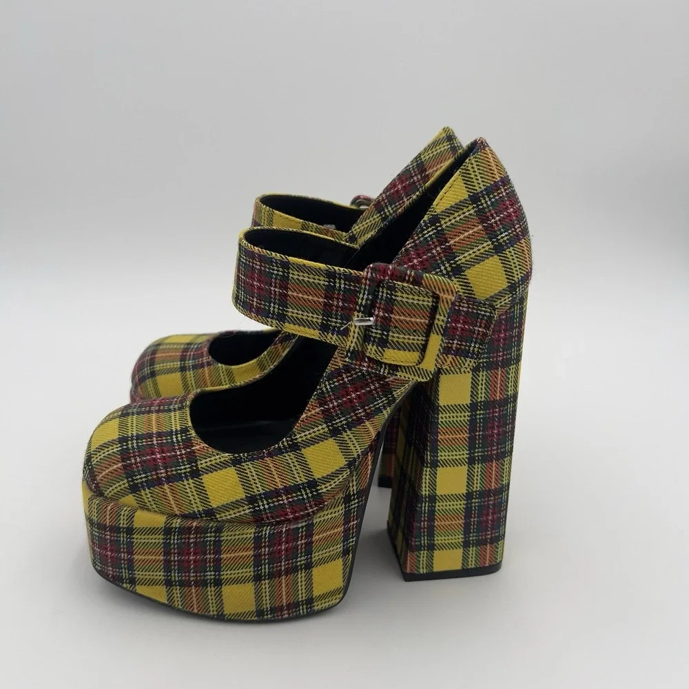 Bamboo Yellow Plaid Platform Mary Jane Heels Chunky Block Shoes Women's 5.5